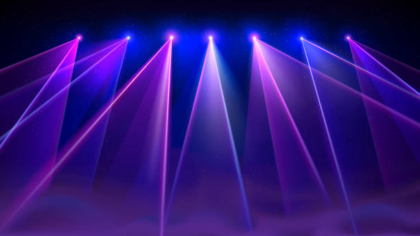 istock Laser light show. Bright led laser beams, dj light party, smoke. Illuminated blue pink stage, led strobe lights. Background, backdrop for displaying products. Vector illustration 2186934379