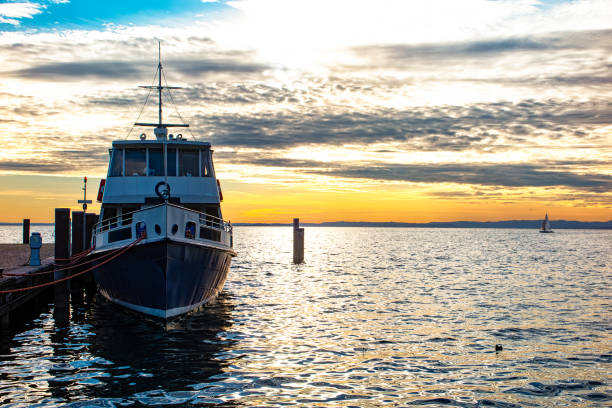 The view of Tagus River from TTSL - Terminal Fluvial do Cais do Sodré at dusk, Lisbon, Portugal.