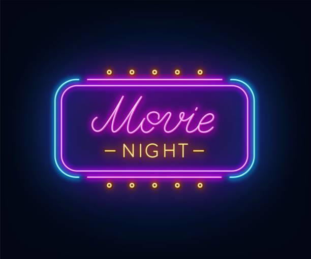 Movie Night Neon Sign on dark background. Light vector logo.