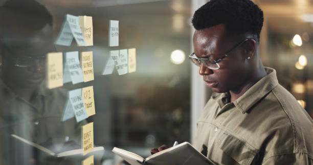 istock Business, black man and serious with writing in notebook by glass wall for problem solving or project management. Sticky notes, night and designer at creative agency with planning ideas and strategy 2186942266