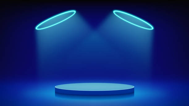 istock Futuristic blue stage, podium. Blue room with round podium pedestal illuminated by circular cyan neon, led halo. Background for displaying products, presentation. Backdrop. Showcase. Vector 2186943123
