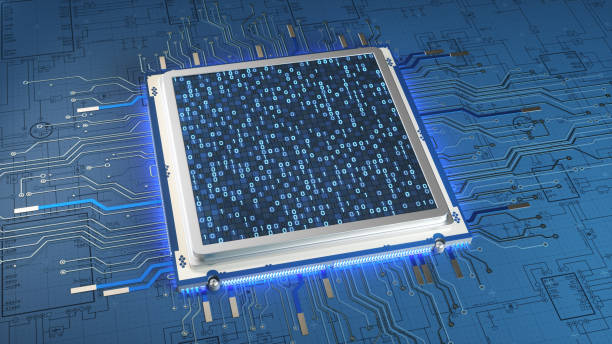 istock Blue futuristic micro-processor chip and circuit board design with a digital display showing binary data. 2186945686