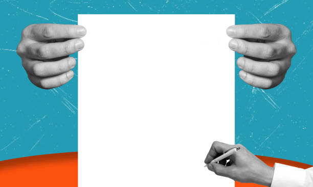istock Modern art art collage featuring a hand with a pen, moving document. 2186948506