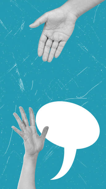 istock Modern art collage with a helping hand and a message bubble on a blue background. 2186948538