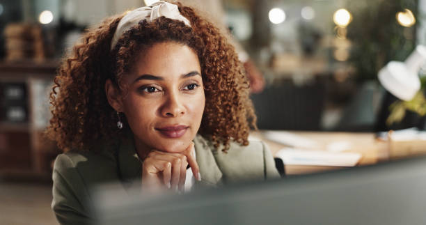 Business, thinking and woman with computer, planning and online reading with website info. Person, journalist and employee with pc, internet and decision with choice, research for article and wonder