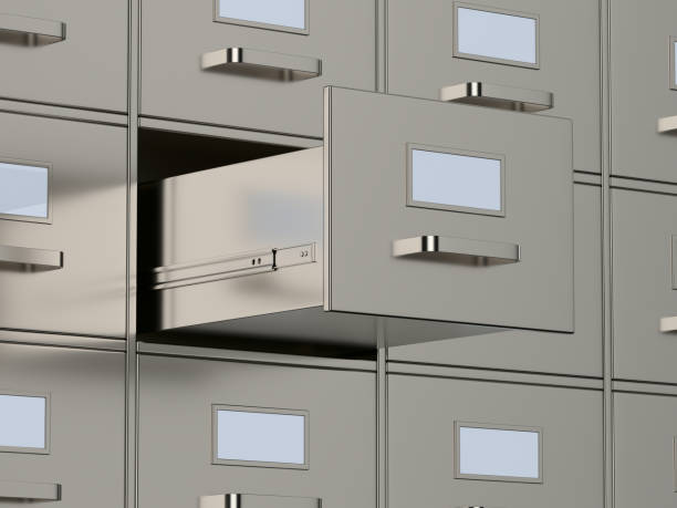 istock Filing cabinet with open drawer. 3D illustration 2186956760