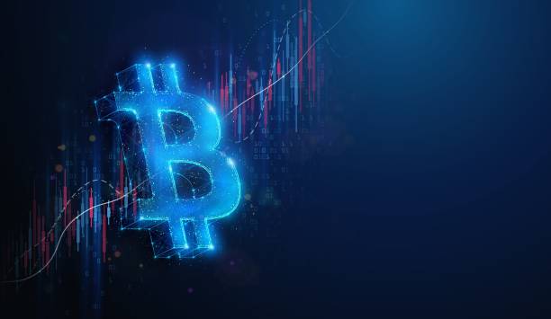 istock Abstract illustration of low poly BTC Bitcoin cryptocurrency sign over stock market data graph. Blue geometric background depicting crypto currency rate exchange growth financial concept by wireframe connection structure 2186957621