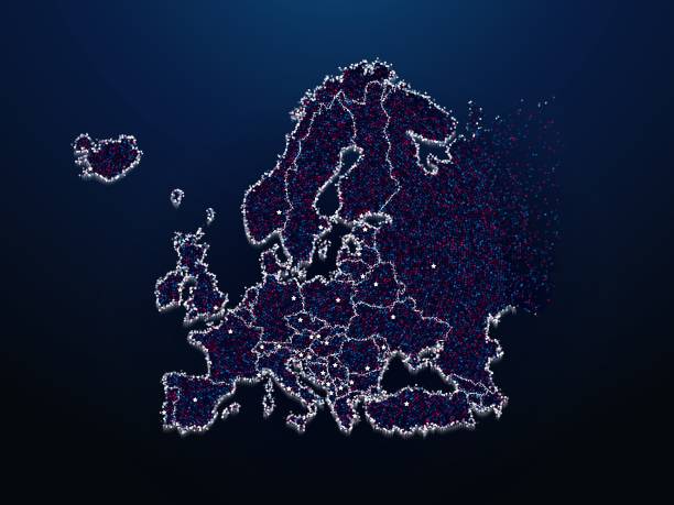 istock Abstract map illustration of continental Europe made of red, blue and white dots. Administrative borders of european continent made of vector particles 2186970819