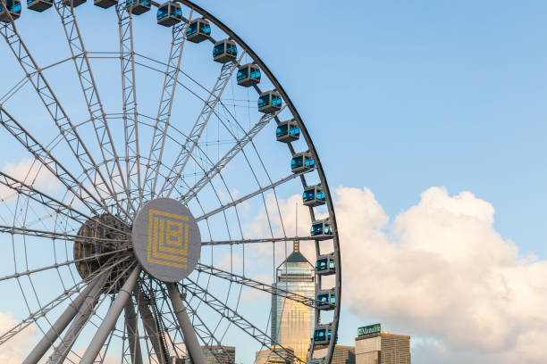 Hong Kong - July 11, 2017: Ferris wheel is under cloudy sky, Hong Kong Central District