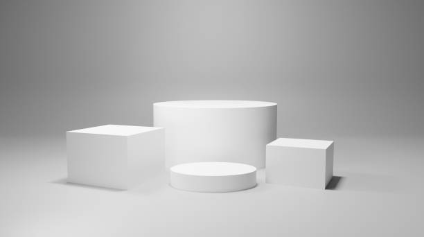 istock Minimalist 3d podium and four geometric figures in white with clean modern background for product display. 2186974033