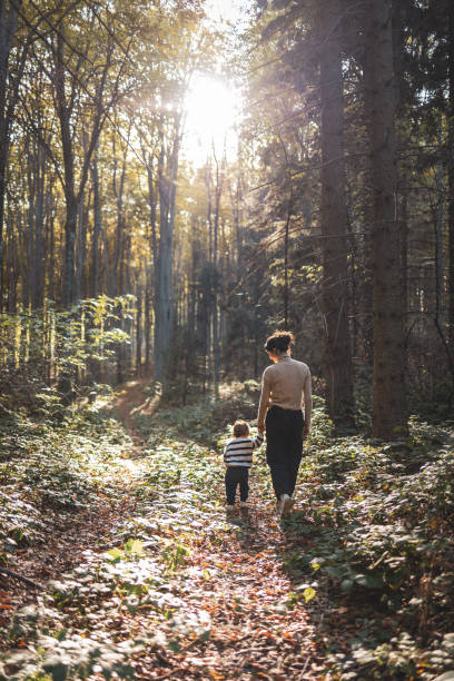 istock Mother and child walking through a sunlit forest in autumn 2186975303