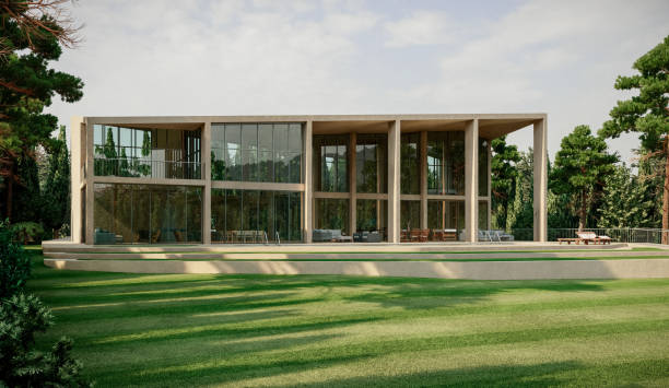 istock 3D Digitally generated image renderperspective of a Large Luxurious Villa House Mansion with swimming pool and big garden with trees of a wealthy numerous family 2186979534