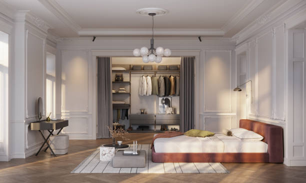 istock Minimalist Bedroom Workspace with Walk-In Closet - Digitally Generated 2186979595