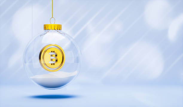 istock Christmas snow ball background with golden bitcoin. 3d rendering 2186981990