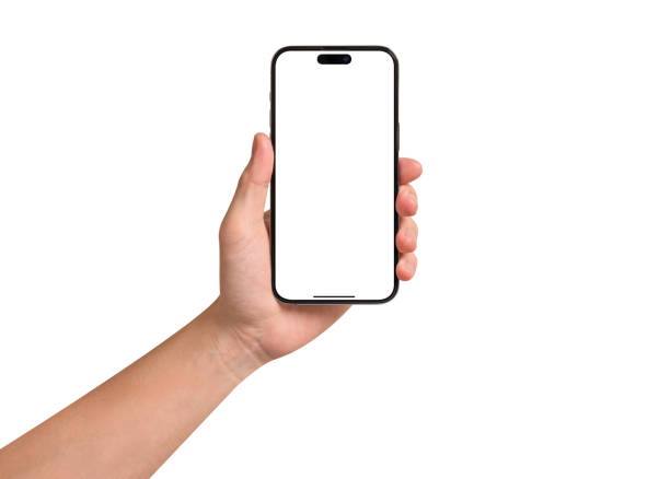 Hand showing smartphone with blank screen isolated on white background.