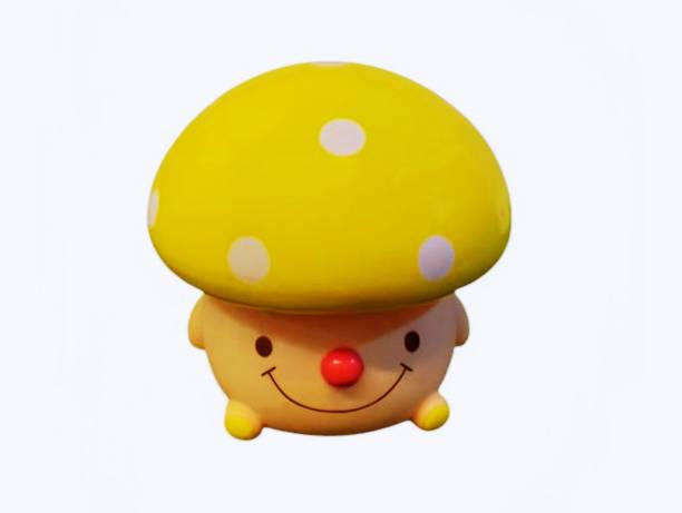 The picture shows a piggy bank with a yellow head doll with three white spots, a smiling face, black eyes, a red nose and two small legs on top as a coin slot for saving money.