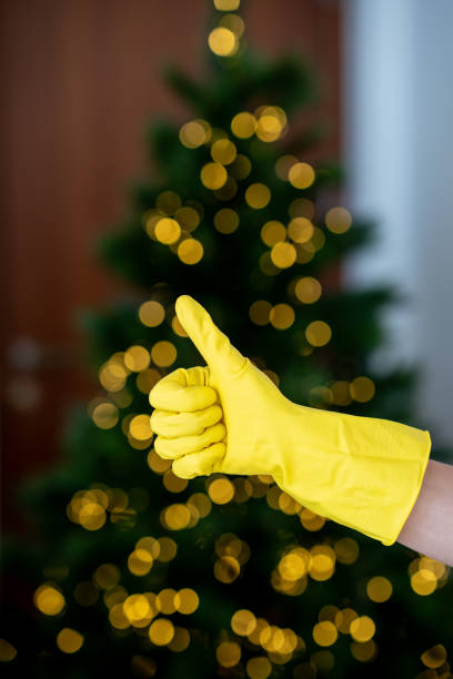 istock Hand Spraying Cleaner in Front of Christmas Tree 2186993032