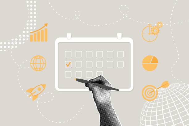 istock Trendy halftone collage. Business concept, calendar of activities, improve efficiency, appointment schedule, personal organizer. Using a personal organizer to schedule meetings and events digitally. 2186995098