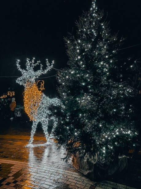 istock Glowing Reindeer and Christmas Tree at Night 2186996803