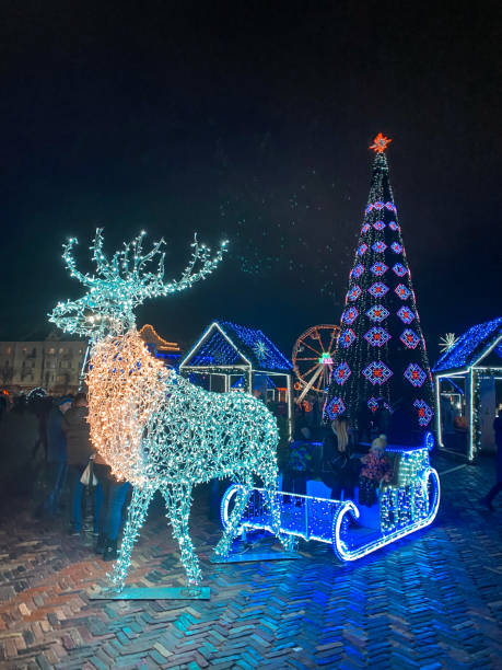 istock Illuminated Christmas Reindeer and Tree at Night 2186996896