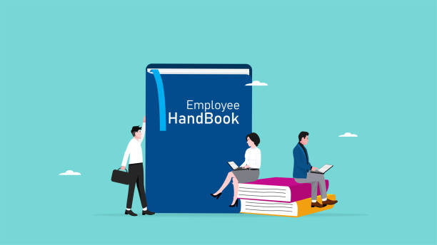 mitarbeiterhandbuch, verfahrensbuch oder unternehmensregeln, unternehmenseinführungshandbuch für neue mitarbeiter, geschäftshandbuch zum erfolg, männliche und weibliche mitarbeiter lesen und verstehen das mitarbeiterhandbuch - bedienungsanleitung stock-grafiken, -clipart, -cartoons und -symbole