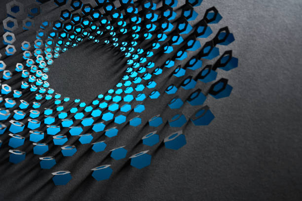 istock Geometric spiral design with layered hexagonal cutouts and vivid blue tones on a dark textured background. 2187001401