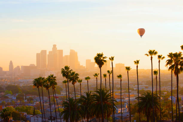USA, California, Los Angeles, sunset time. hot air balloon