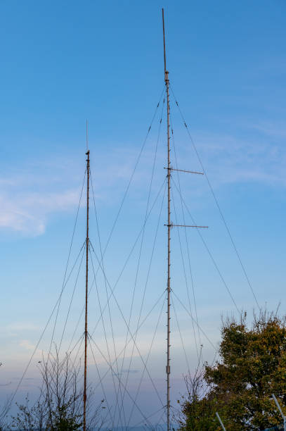 istock Tall antenna towers with support wires at sunrise 2187008765