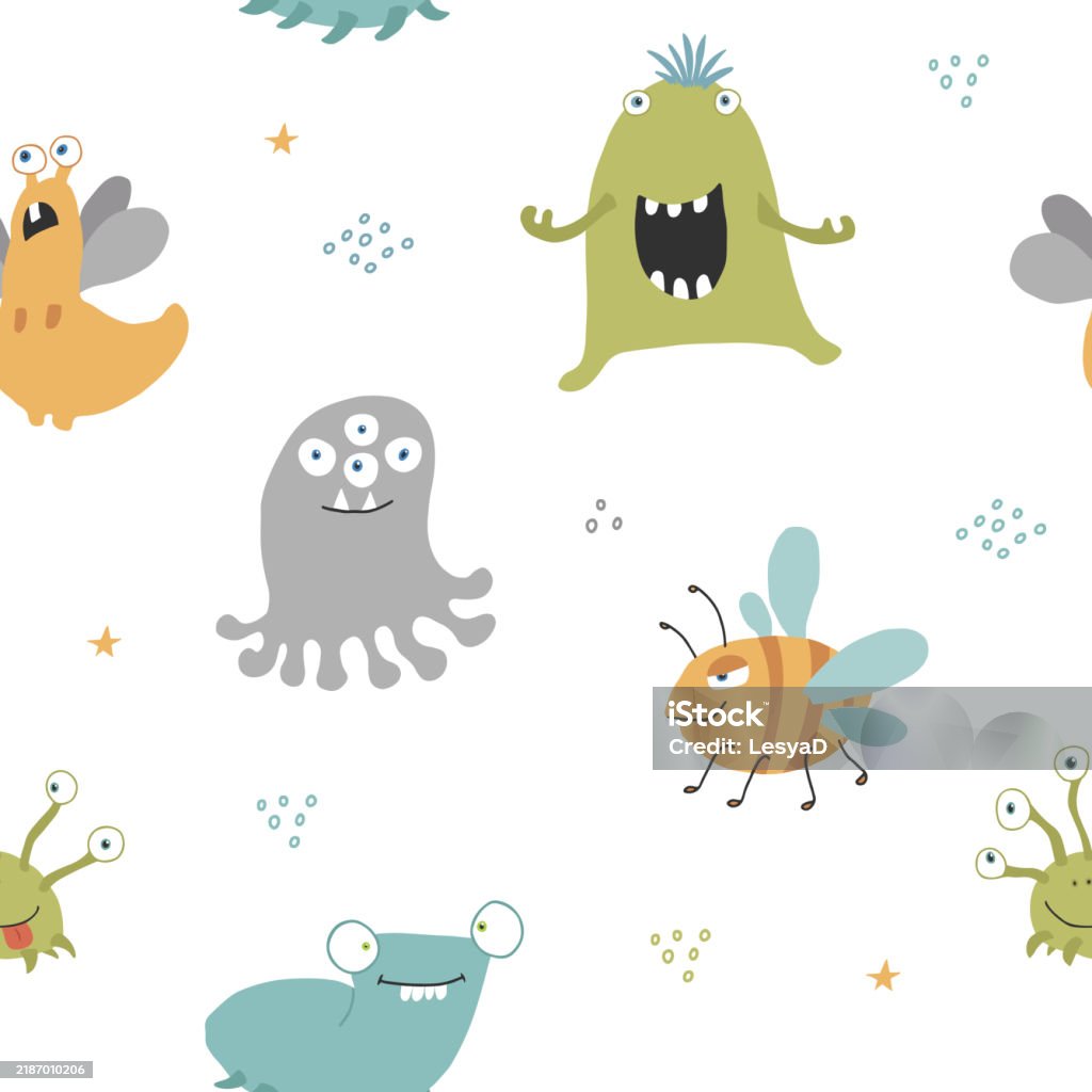 Monster Background Vector Cute Monsters Seamless Pattern Cartoon Monsters Background Vector ...