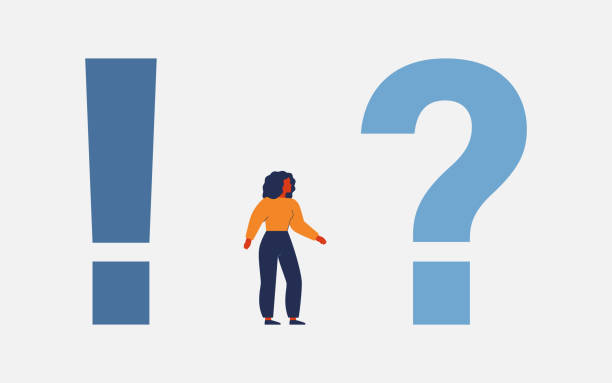 istock Woman between question mark and exclamation mark. Metaphor of uncertainty, decision-making, internal conflict, doubt and decisiveness. Vector 2187012906