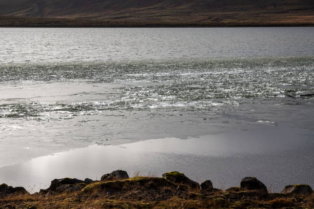 Small lake with a textured surface of the water, because of crushed ice in the autumn. Lake Uxavatn, Iceland.