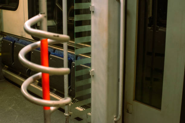 Interior of old vintage train at night.