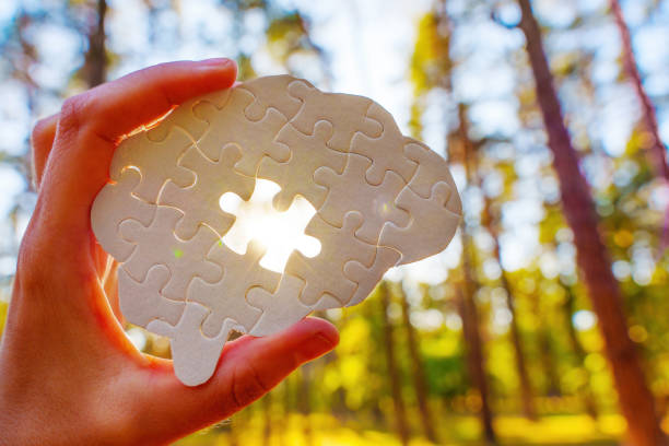 istock Sunlit Brain Shaped Puzzle Piece and Forest Background 2187021354