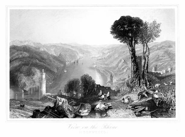 Oberwesel, Germany, view of the Rhine River. (German Rhein). The waterway in western Europe is an important artery of industrial transport. It flows from two small headways in the Alps of east-central Switzerland north and west to the North Sea, into which it drains through the Netherlands.  Engraving published 1882.  The original is from my own archives. Copyright has expired and is in Public Domain.