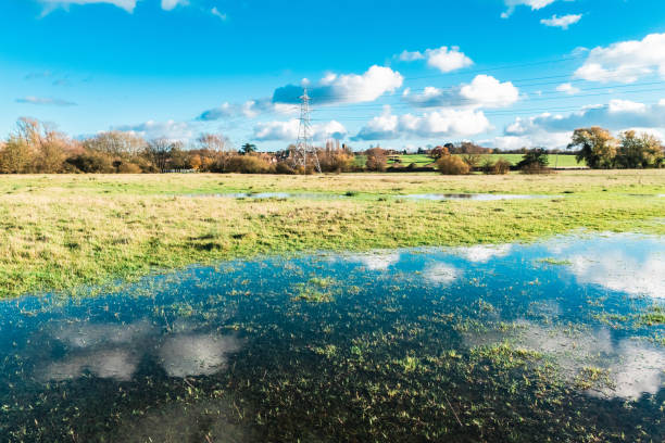 Aerial view of flooded fields after heavy rain