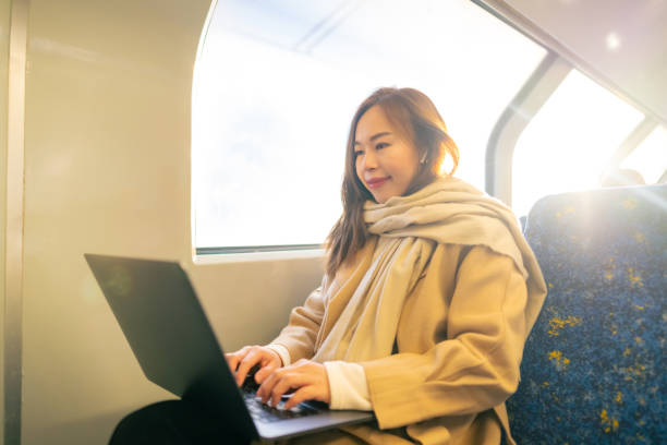 istock Asian woman using laptop on train. 2187032361