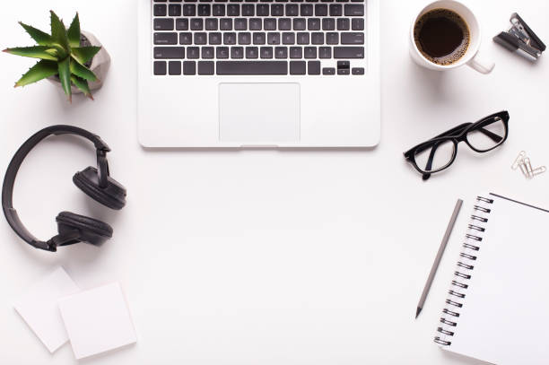 istock Desktop flat lay with laptop, morning coffee and glasses 2187050856