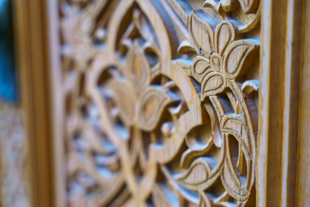 A wooden panel with a floral design in Zangiata, Tashkent Region, Uzbekistan