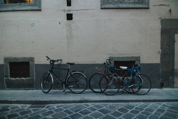 In a quiet alley of Florence, a trio of bicycles rests against the pale, textured wall of an old building. The cobblestone street adds a rustic charm to the scene, while the bikes—each with its own character—suggest a slow-paced, local life. The city’s timeless architecture and tranquil atmosphere create a sense of peaceful simplicity, captured in this moment of everyday urban beauty.