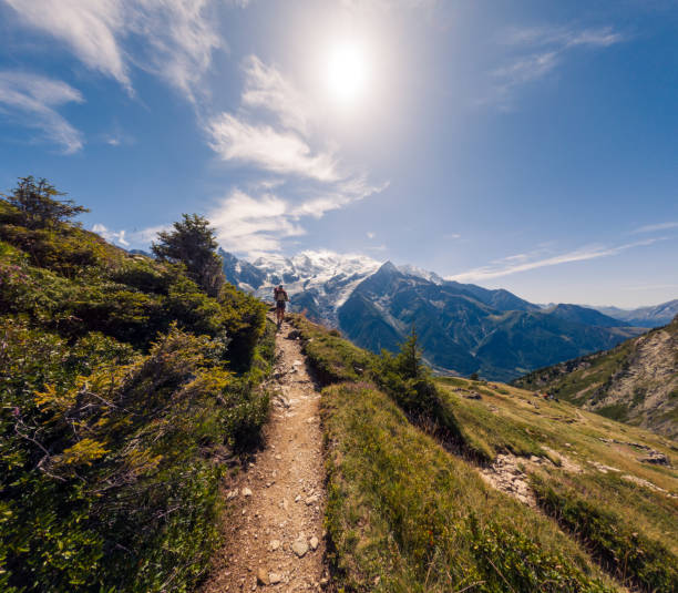 istock Hiker walking along mountain trail with trekking poles under sunny sky 2187071396