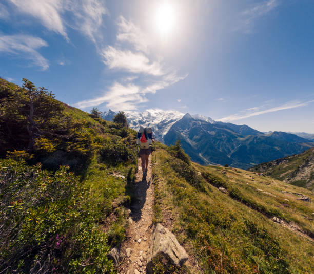 istock Hiker walking along mountain trail with trekking poles under sunny sky 2187071397