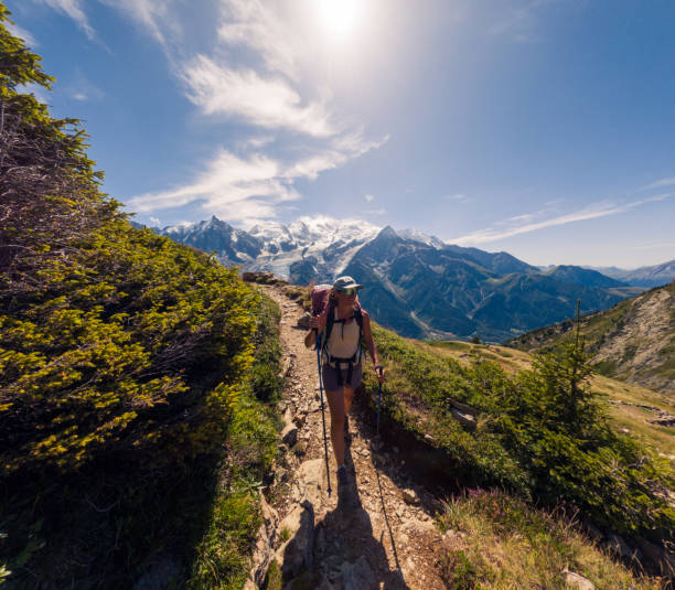 istock Hiker walking along mountain trail with trekking poles under sunny sky 2187071409