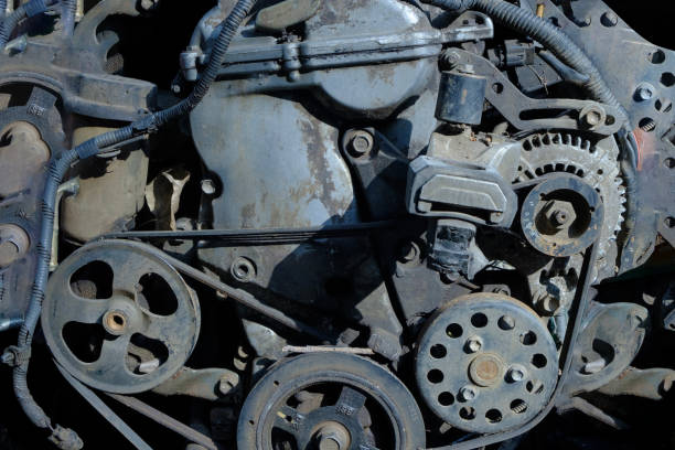 A detailed close-up of a car engine, showing aged and worn components, belts, and gears. The photograph highlights the intricate parts of an automobile engine, capturing the textures and industrial appeal of mechanical machinery in close focus