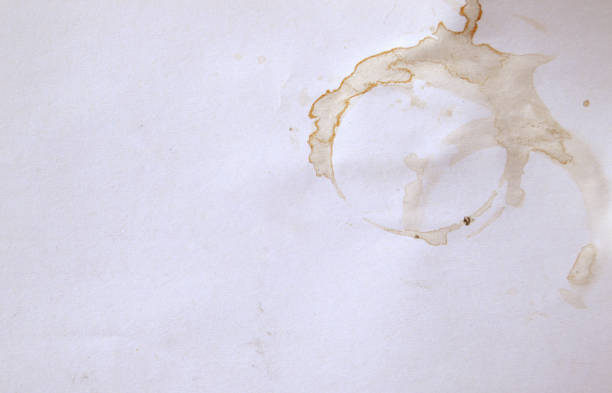 Textured effect faded white coloured plain monochrome old weathered damaged run down recycled paper page stained with tea cup stains and copy space background with circular stains at corner of the empty blank rough backdrop. Can be used as damaged bad condition weathered rustic backdrops templates.