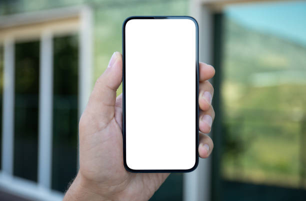 istock Man hands hold phone with isolated screen background green street 2187081407