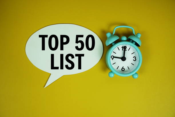 istock Top 50 list text on speech bluble with alarm clock top view on yellow background 2187082128