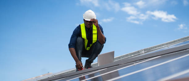 istock Service engineer checking solar cell on the roof for maintenance if there is a damaged part. Engineer worker install solar panel. Clean energy concept. 2187085942