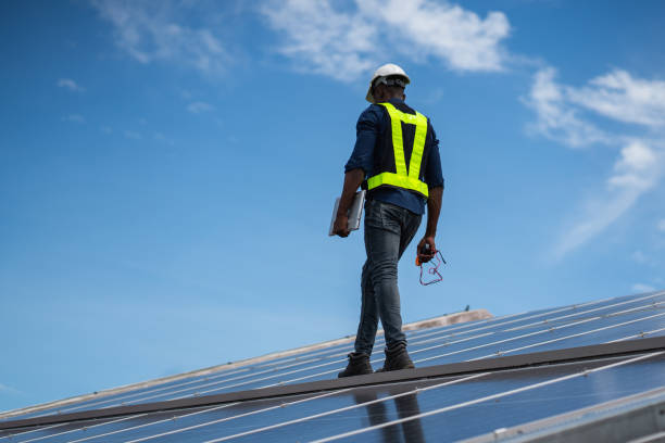 istock Service engineer checking solar cell on the roof for maintenance if there is a damaged part. Engineer worker install solar panel. Clean energy concept. 2187086319
