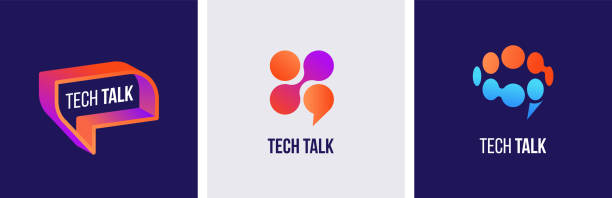 набор современных красочных, абстрактных логотипов, иконок и символов. tech talk, коммуникация и речевые пузыри, брендинг, концепция, векторный - подкастинг stock illustrations