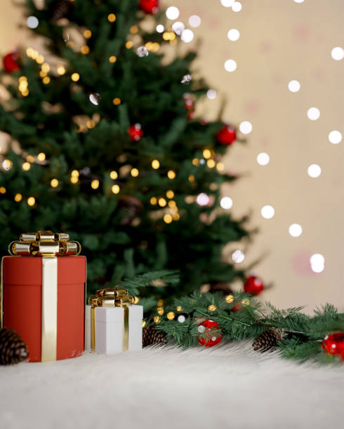 istock Beautiful Christmas background features Christmas present boxes and a shining Christmas tree. 2187089232